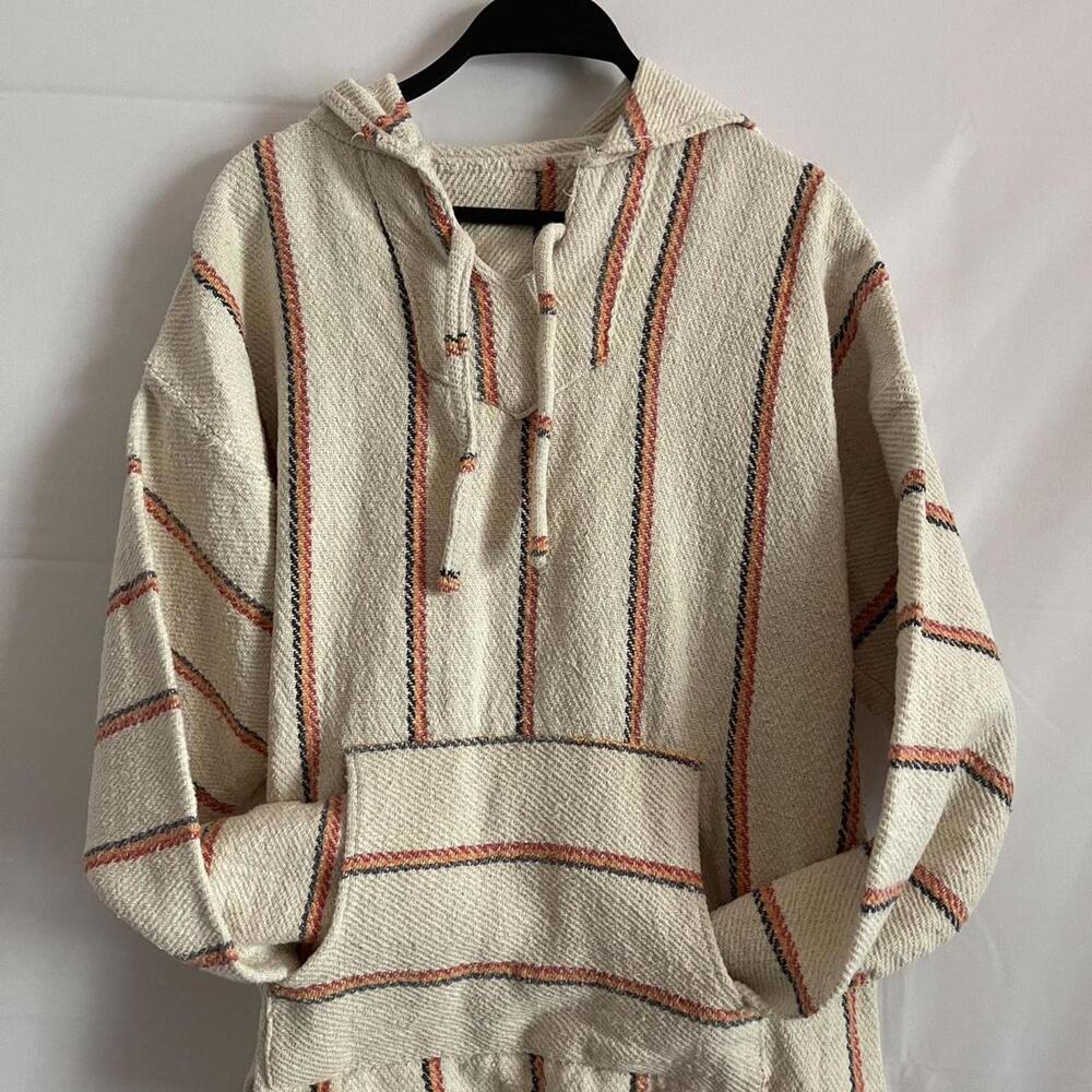 🌅 Baja Striped Pullover Hoodie – Cream with Red/Navy Stripes – Unisex Fit